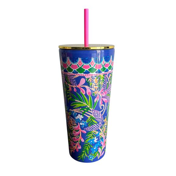 Lilly Pulitzer Blue Tiger Jungle 24 oz Tumbler with Gold Lid and Pink Straw - Picture 1 of 8